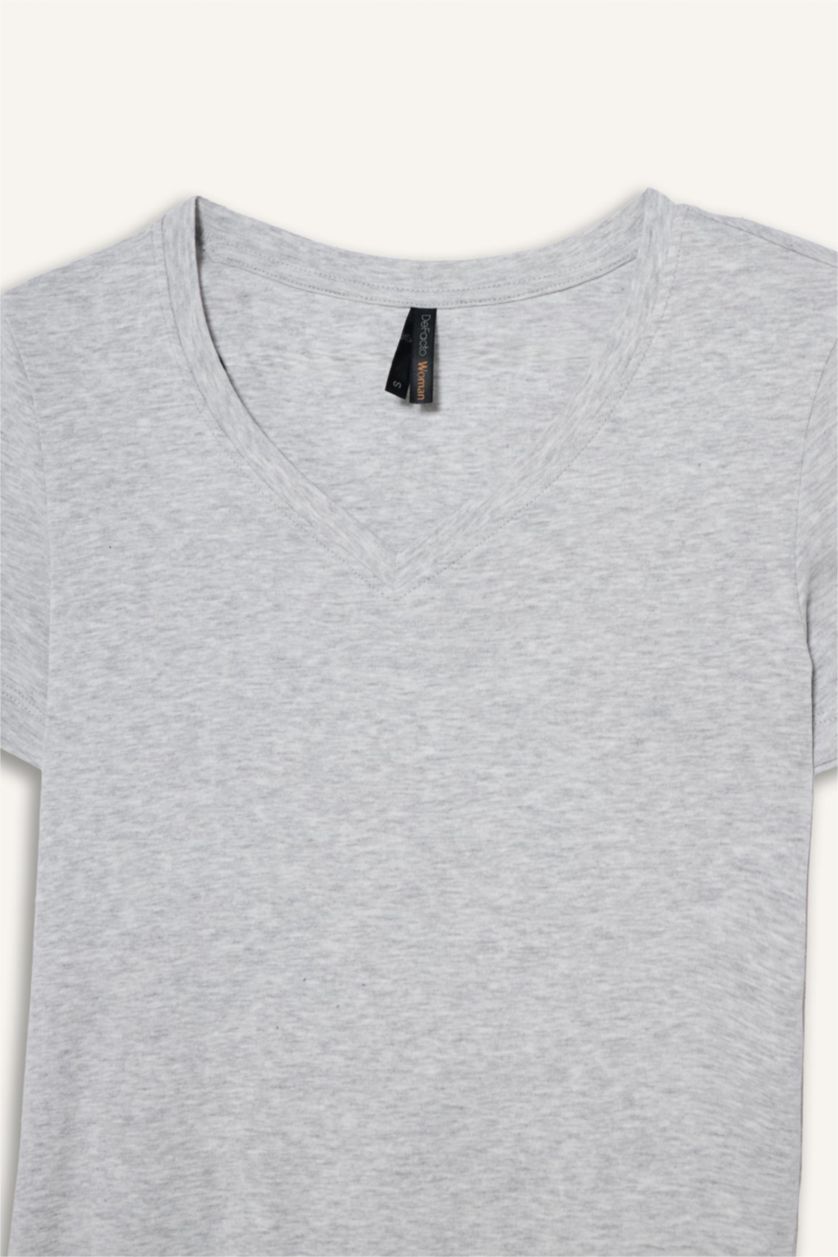 Әйелдерге Сұр Меланж Regular Fit V жағалы негізгі тегіс рибана қысқа жеңді футболка