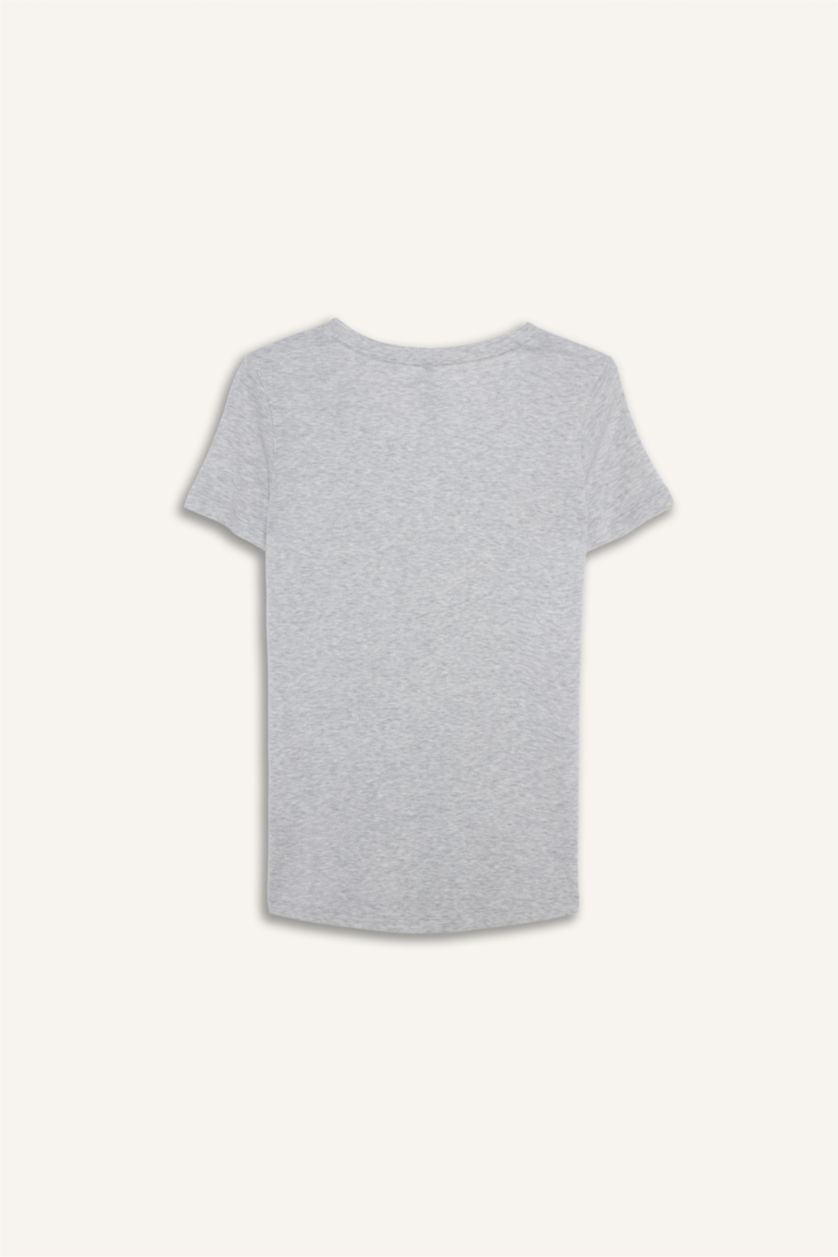 Әйелдерге Сұр Меланж Regular Fit V жағалы негізгі тегіс рибана қысқа жеңді футболка