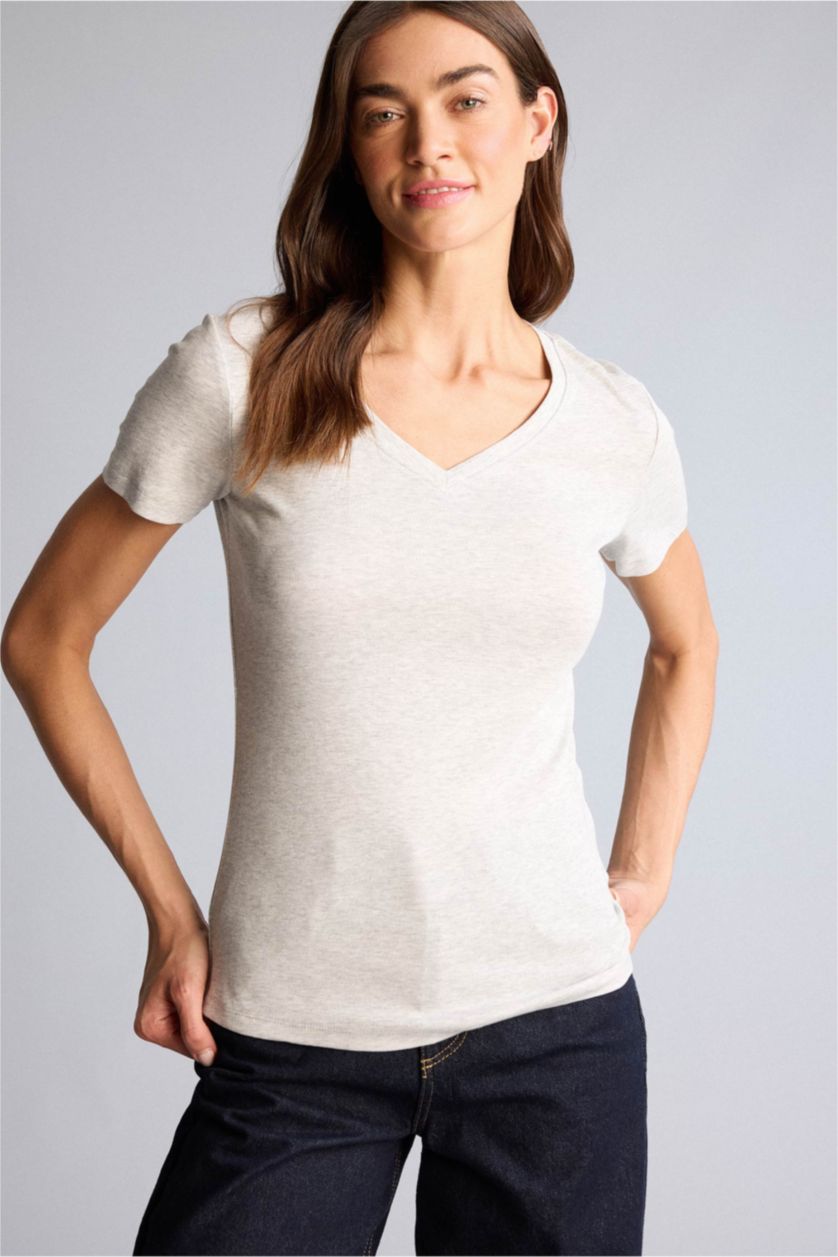 FEMME Gris T-shirt basique à col V et manches courtes Coupe régulière