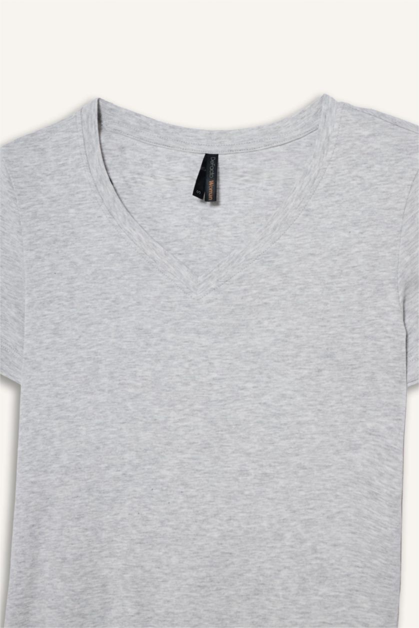 FEMME Gris T-shirt basique à col V et manches courtes Coupe régulière