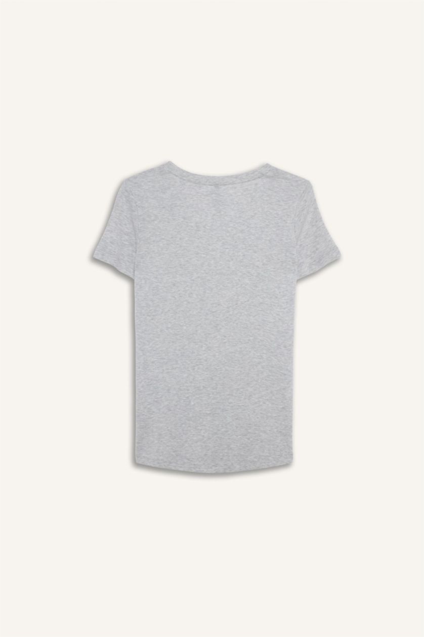 FEMME Gris T-shirt basique à col V et manches courtes Coupe régulière