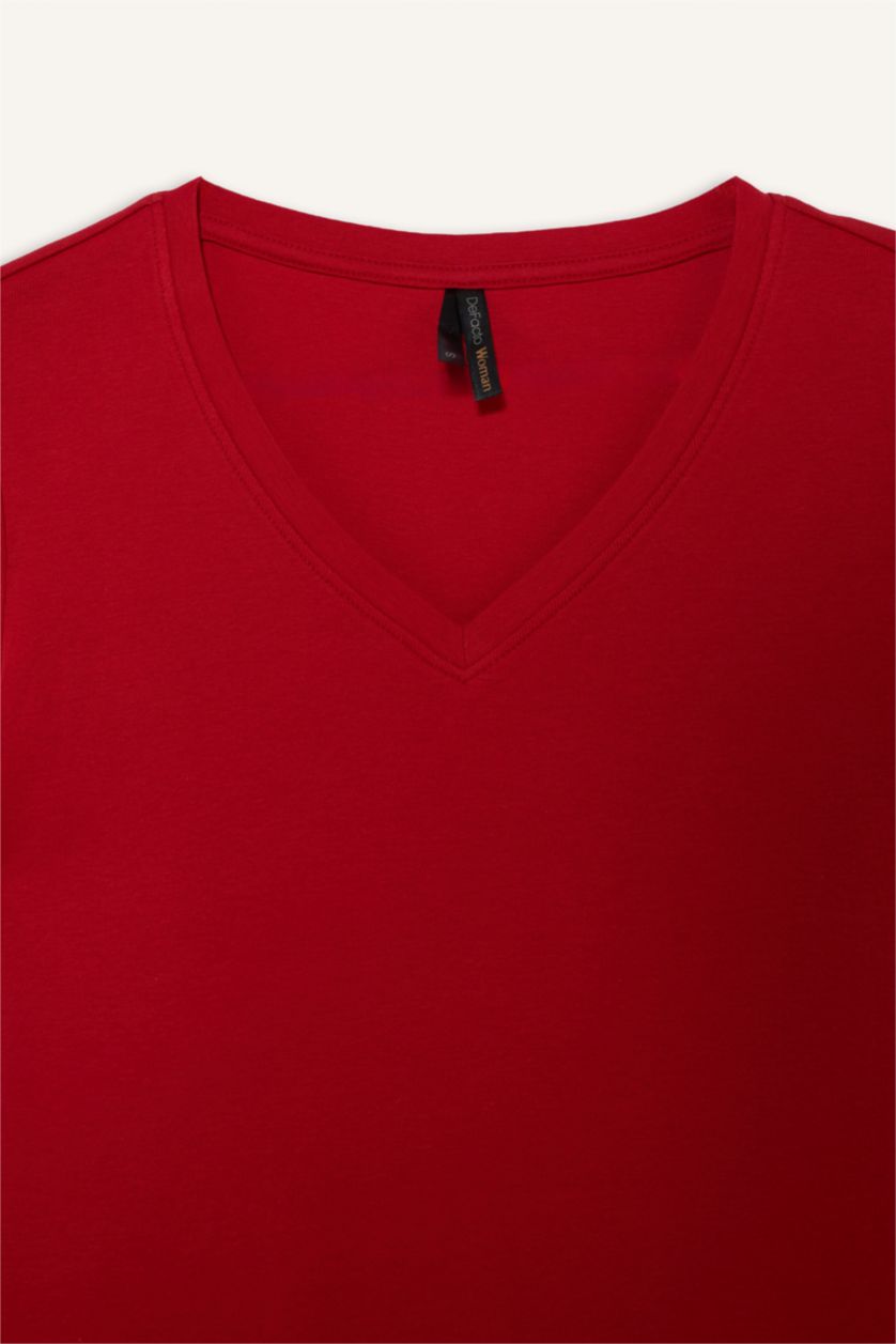 Әйелдерге қызыл Regular Fit V жағалы негізгі тегіс рибана қысқа жеңді футболка