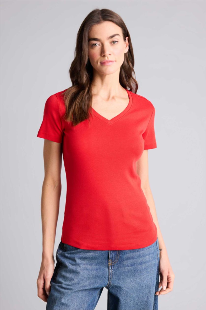 FEMME Rouge T-shirt basique à col V et manches courtes Coupe régulière