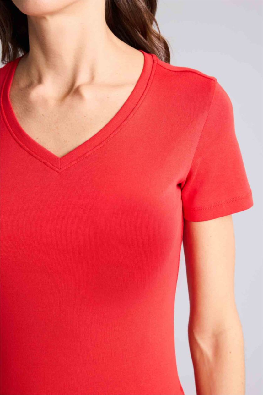 FEMME Rouge T-shirt basique à col V et manches courtes Coupe régulière