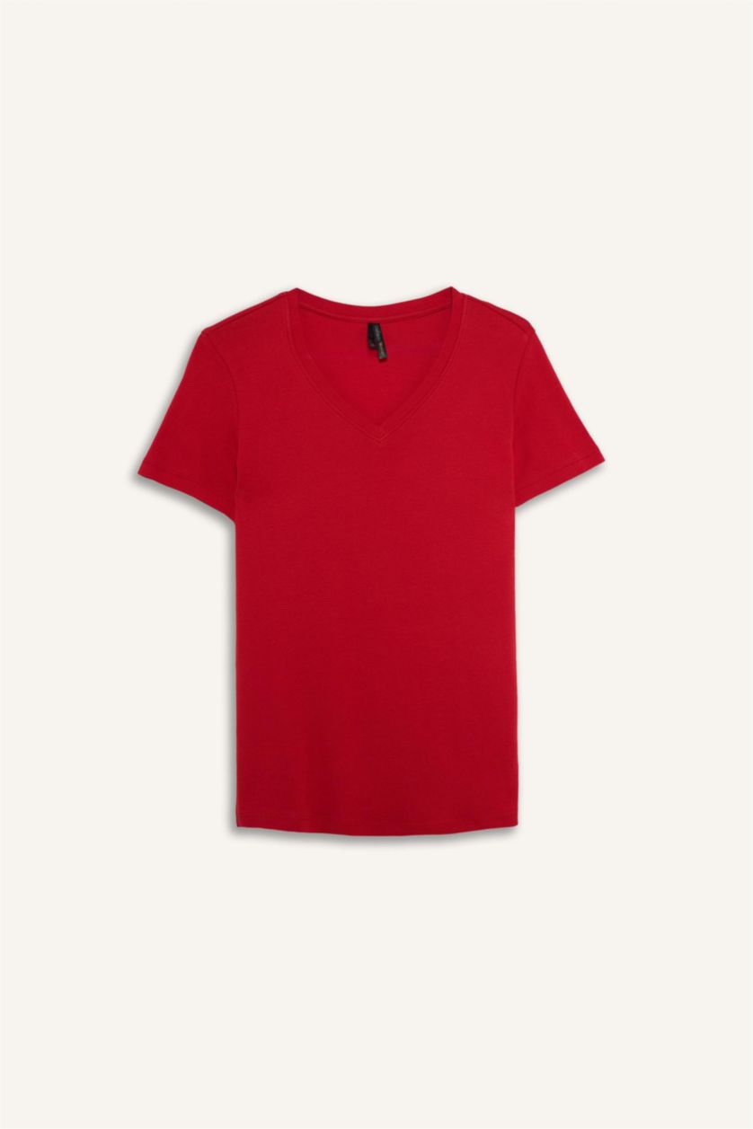 FEMME Rouge T-shirt basique à col V et manches courtes Coupe régulière