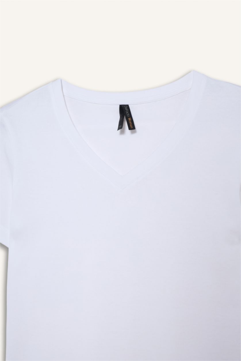 Женщины Белый Базовая футболка Regular Fit в рубчик с V-образным вырезом и коротким рукавом