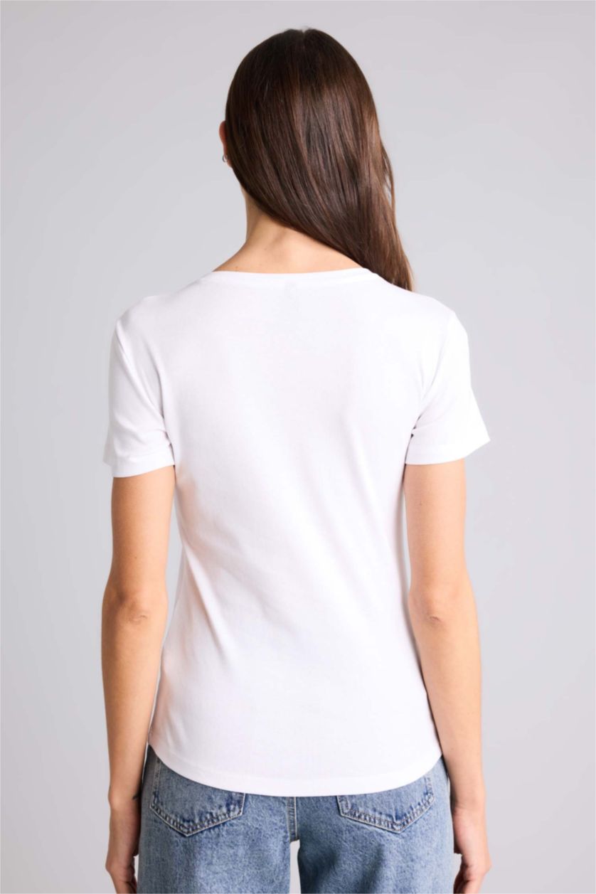 FEMME Blanc T-shirt basique à col V et manches courtes Coupe régulière
