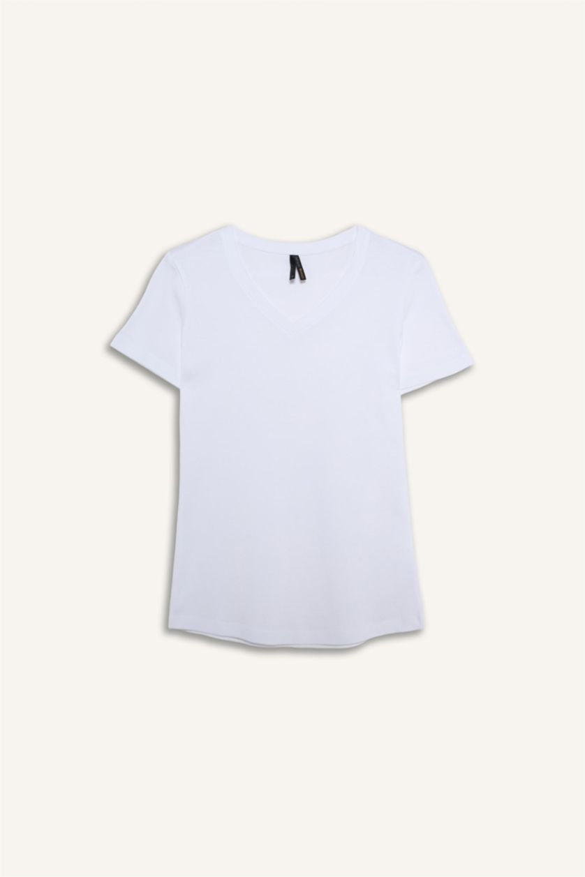 FEMME Blanc T-shirt basique à col V et manches courtes Coupe régulière