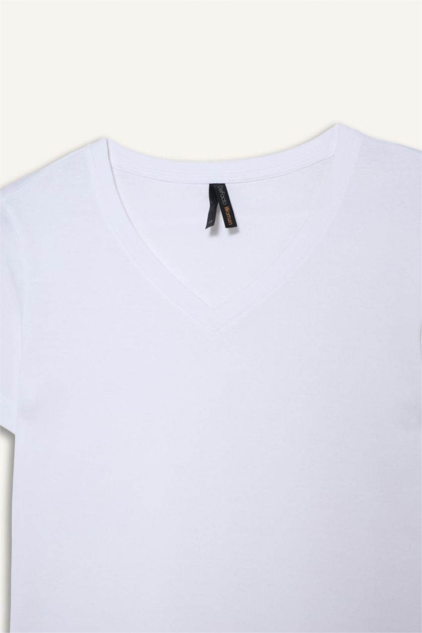 FEMME Blanc T-shirt basique à col V et manches courtes Coupe régulière