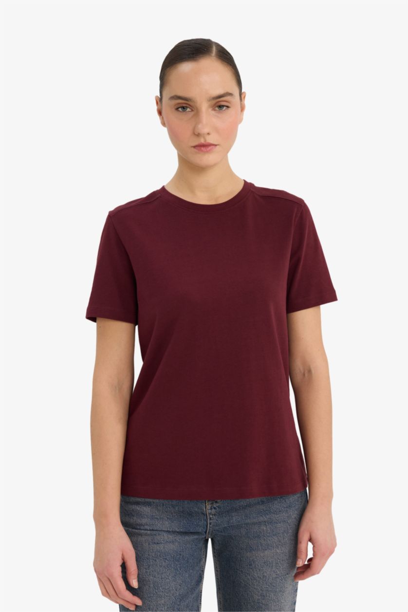 Woman Bordeaux Relax Fit Crew Neck Short Sleeve Basic T-shirt