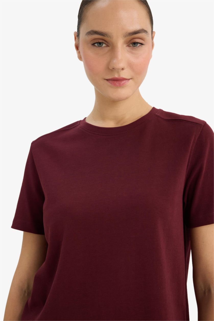 Woman Bordeaux Relax Fit Crew Neck Short Sleeve Basic T-shirt