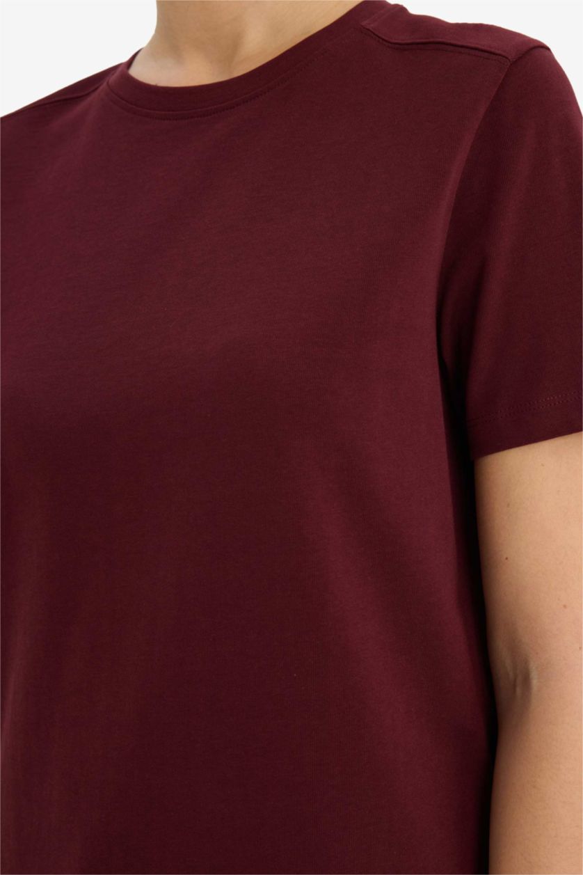 Woman Bordeaux Relax Fit Crew Neck Short Sleeve Basic T-shirt