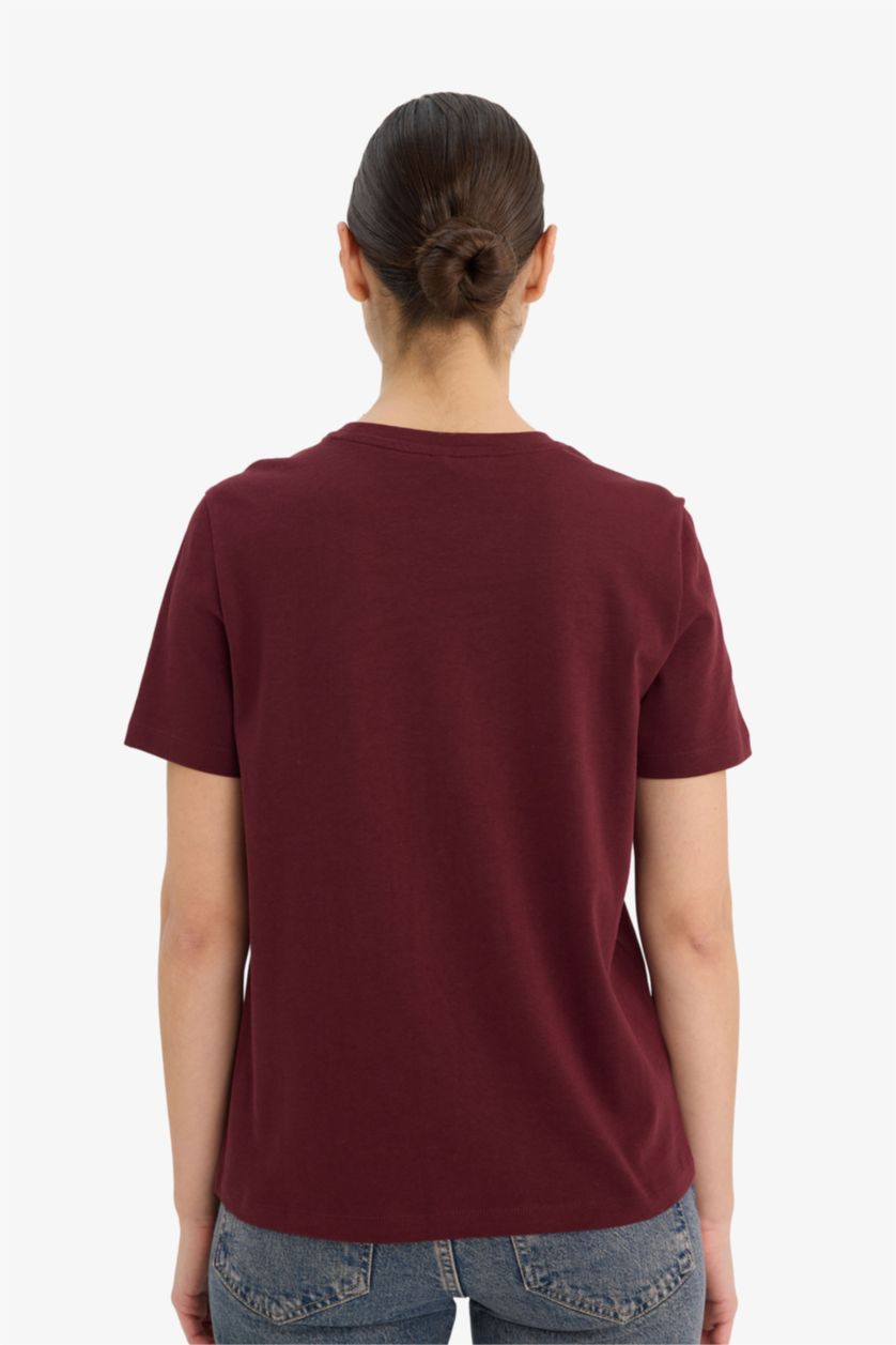 Woman Bordeaux Relax Fit Crew Neck Short Sleeve Basic T-shirt