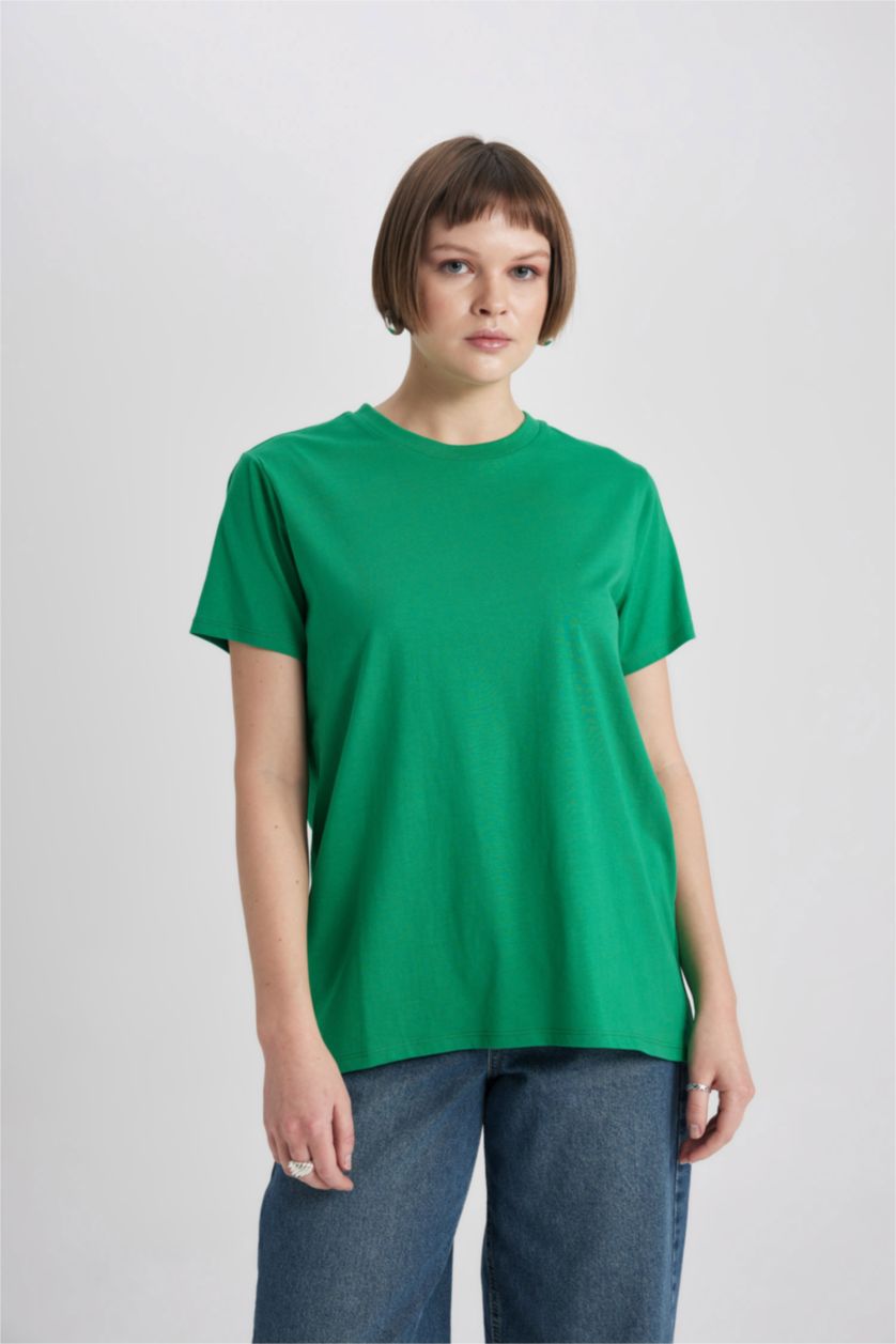 Женщины Зеленый Футболка стандартного кроя с круглым вырезом