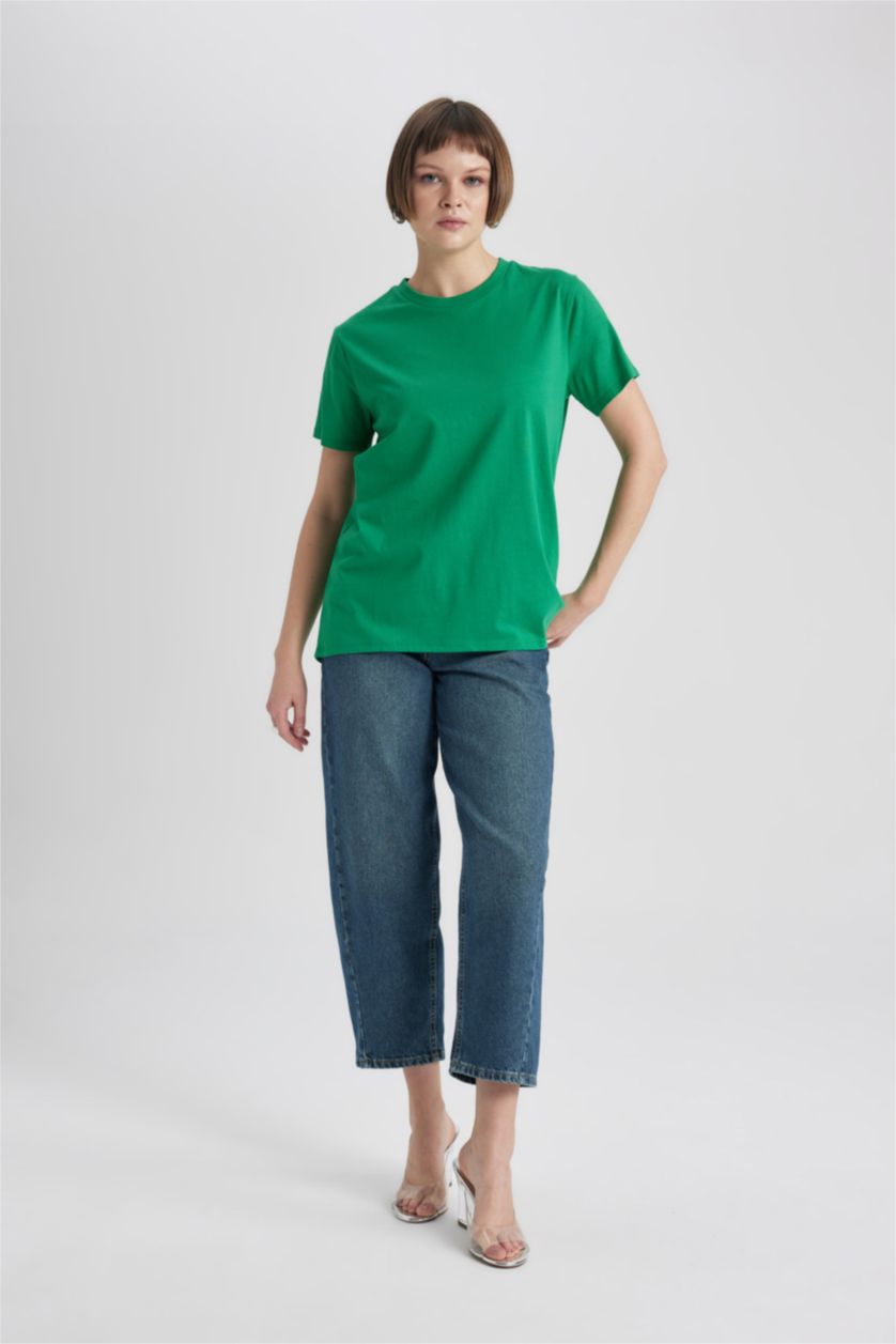 Женщины Зеленый Футболка стандартного кроя с круглым вырезом