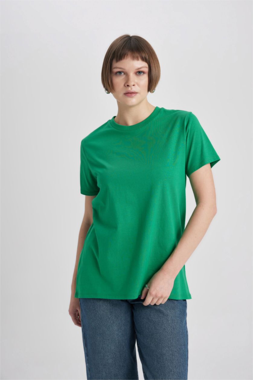 Женщины Зеленый Футболка стандартного кроя с круглым вырезом