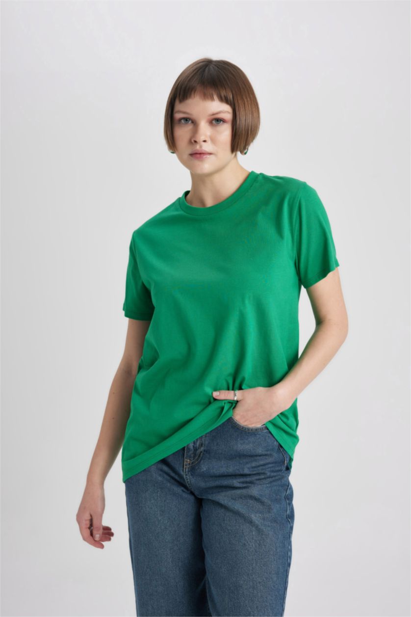 Женщины Зеленый Футболка стандартного кроя с круглым вырезом
