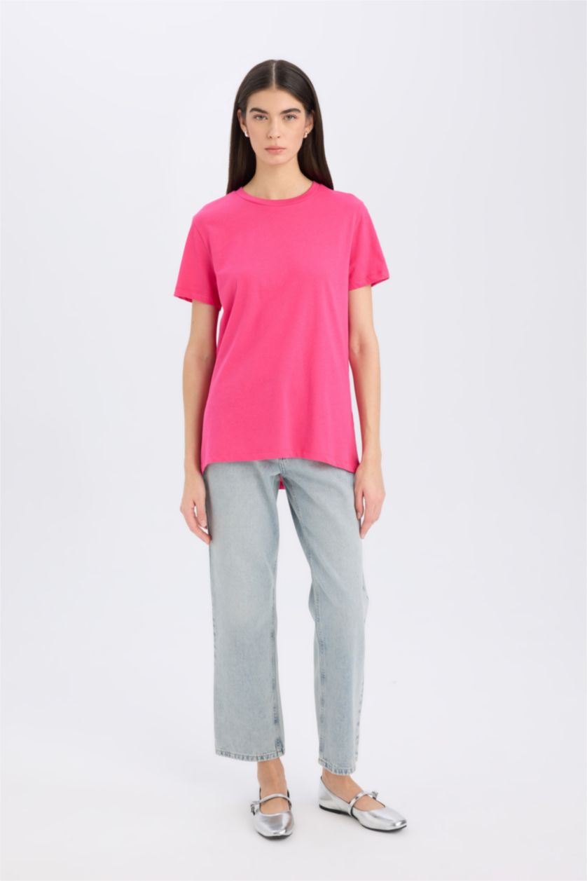 Woman Fushsia Regular Fit Crew Neck Basic Plain Casual Cotton T-Shirt
