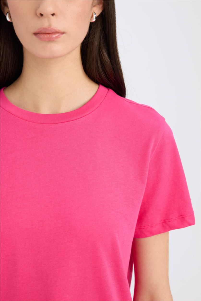 Woman Fushsia Regular Fit Crew Neck Basic Plain Casual Cotton T-Shirt