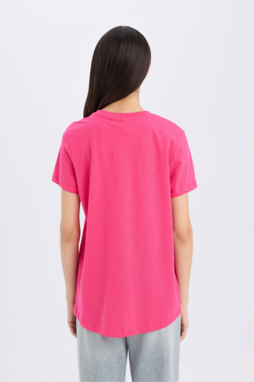 Woman Fushsia Regular Fit Crew Neck Basic Plain Casual Cotton T-Shirt