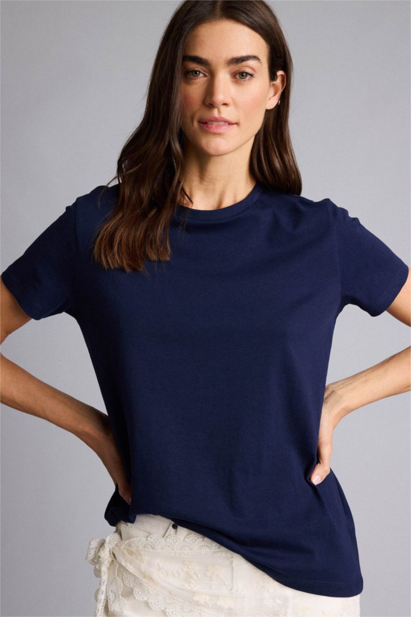 Әйелдерге әскери-теңіз Long Fit дөңгелек жағалы негізгі тегіс трикотаж қысқа жеңді футболка