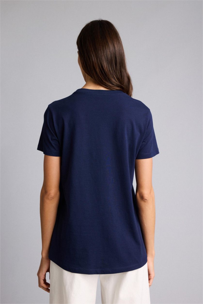 Әйелдерге әскери-теңіз Long Fit дөңгелек жағалы негізгі тегіс трикотаж қысқа жеңді футболка