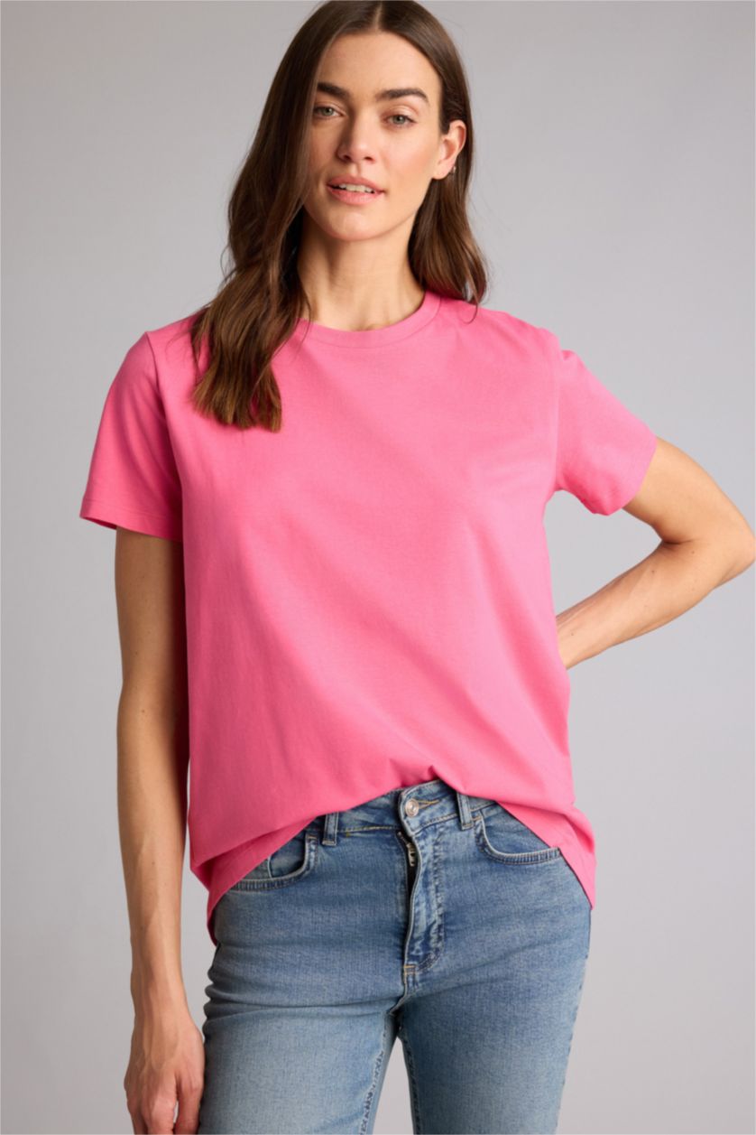 Женщины Розовый Базовая однотонная трикотажная футболка Long Fit с круглым вырезом и коротким рукавом