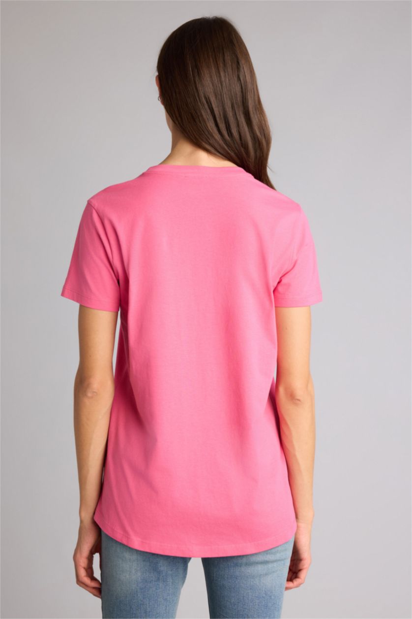 Женщины Розовый Базовая однотонная трикотажная футболка Long Fit с круглым вырезом и коротким рукавом