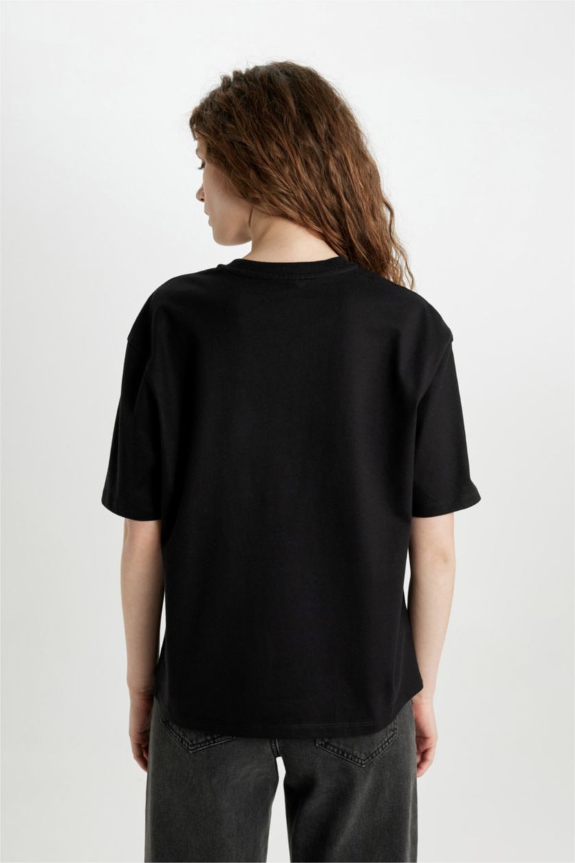 حريمي أسود تيشيرت نص كم قصة مريحة ممشط