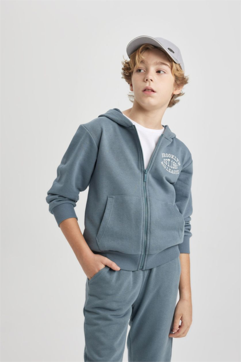 BOYS & TEENS Grey Boy Hooded Printed Sweat Cardigan