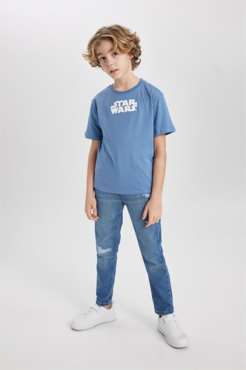 GARÇONS Bleu Foncé Pantalon Jean Coupe Carotte à Jambe Droite Détail Déchiré pour Garçon