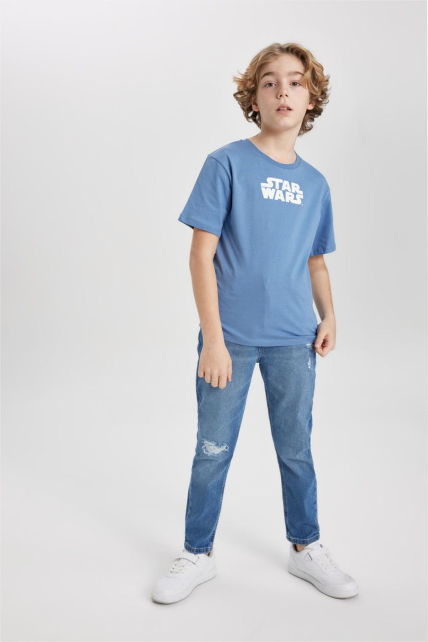 GARÇONS Bleu Foncé Pantalon Jean Coupe Carotte à Jambe Droite Détail Déchiré pour Garçon