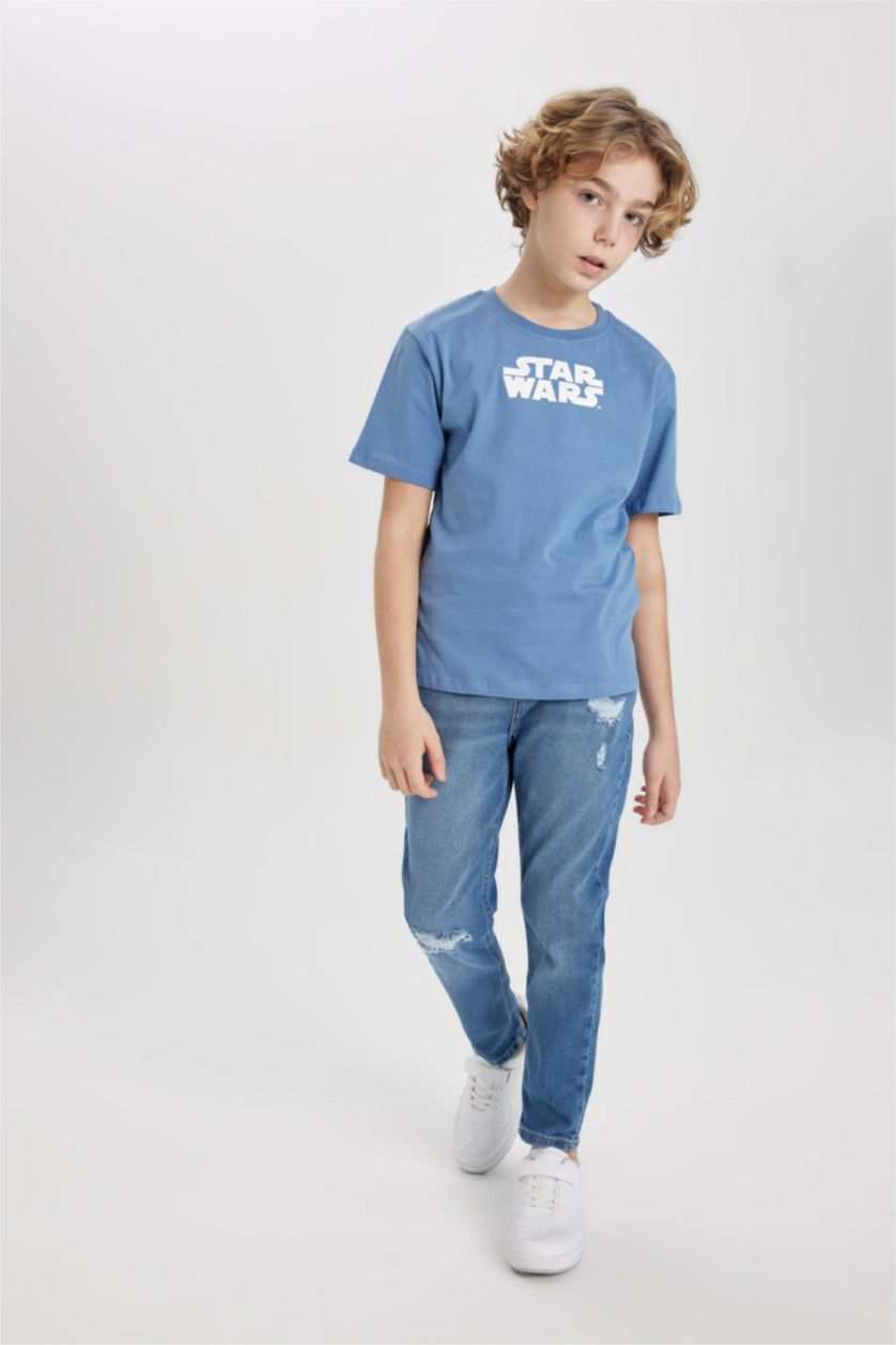 GARÇONS Bleu Foncé Pantalon Jean Coupe Carotte à Jambe Droite Détail Déchiré pour Garçon