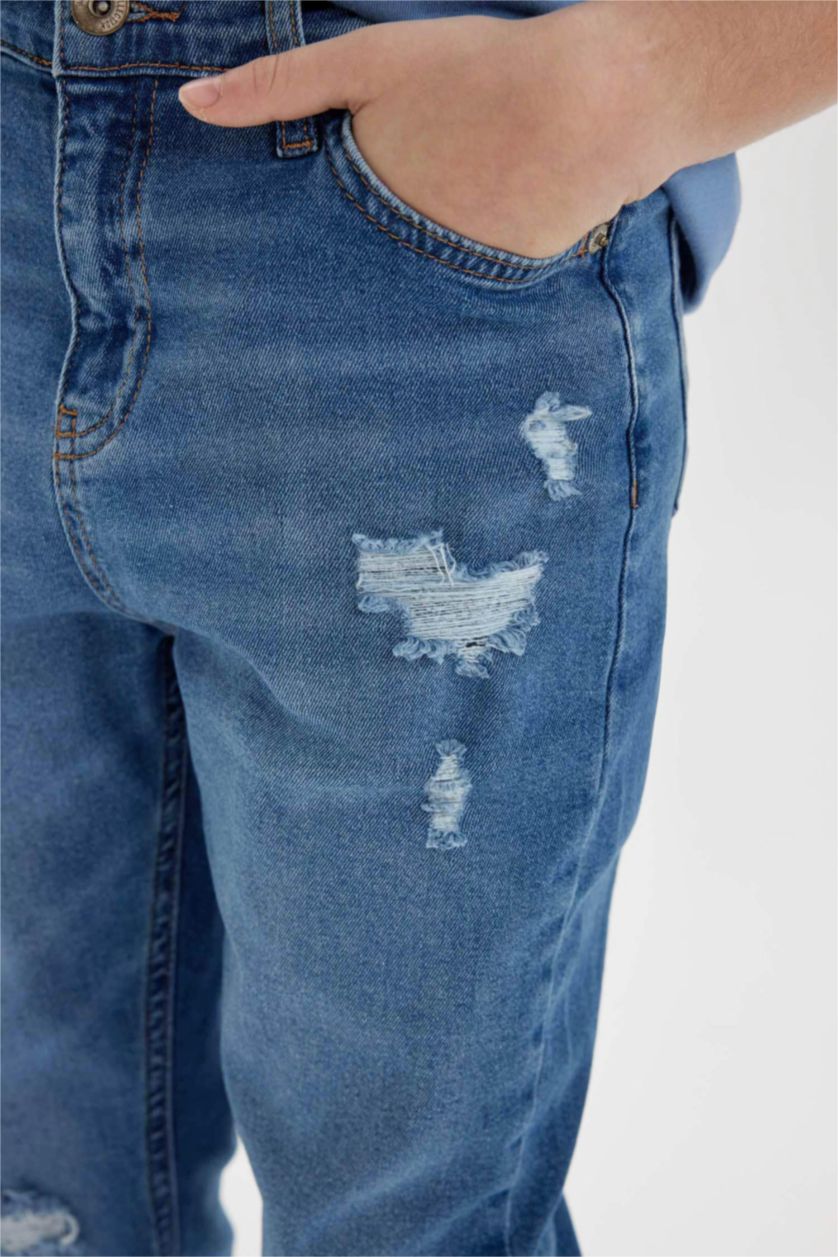 GARÇONS Bleu Foncé Pantalon Jean Coupe Carotte à Jambe Droite Détail Déchiré pour Garçon