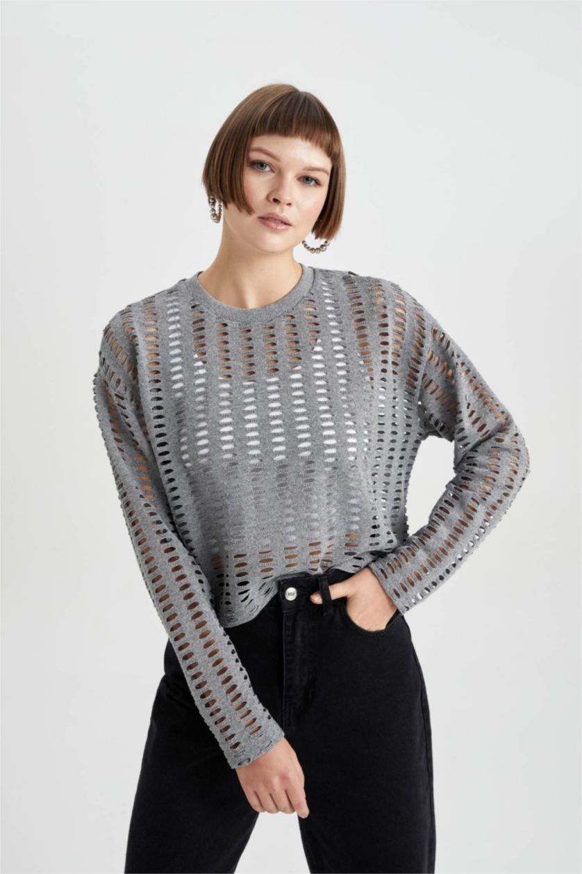 WOMAN Light Grey Relax Fit Crew Neck Long Sleeve T-Shirt