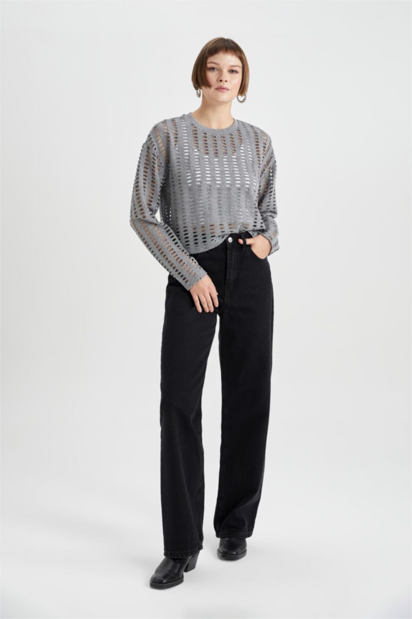 WOMAN Light Grey Relax Fit Crew Neck Long Sleeve T-Shirt