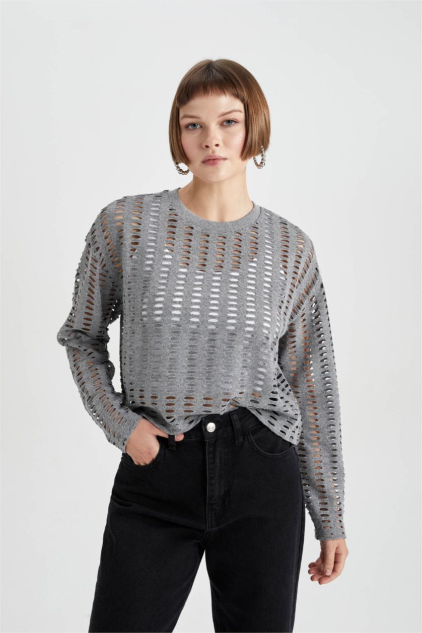 WOMAN Light Grey Relax Fit Crew Neck Long Sleeve T-Shirt