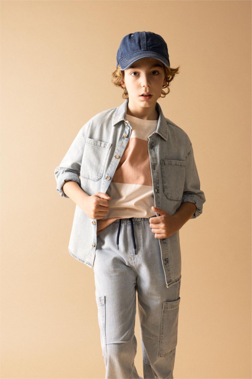 GARÇONS BLEU Clair Chemise Jean Oversize Col Polo à Manches Longues pour Garçon