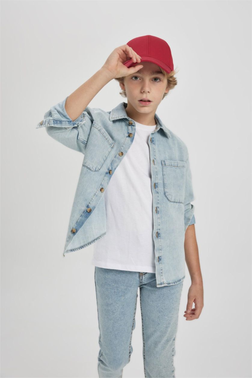 GARÇONS BLEU Clair Chemise Jean Oversize Col Polo à Manches Longues pour Garçon