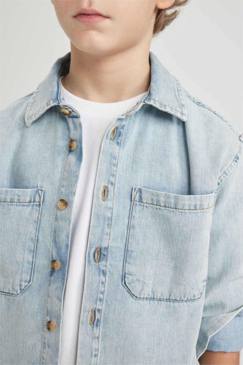 GARÇONS BLEU Clair Chemise Jean Oversize Col Polo à Manches Longues pour Garçon