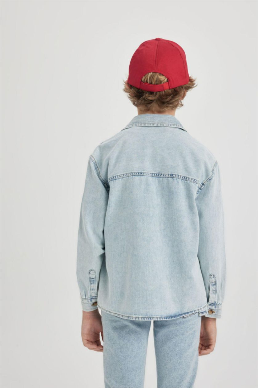 GARÇONS BLEU Clair Chemise Jean Oversize Col Polo à Manches Longues pour Garçon