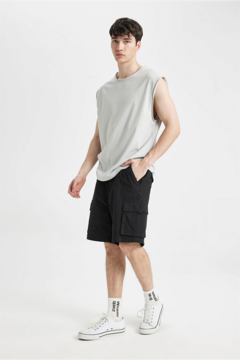 HOMME Noir Short Bermuda en Gabardine Coupe Relax