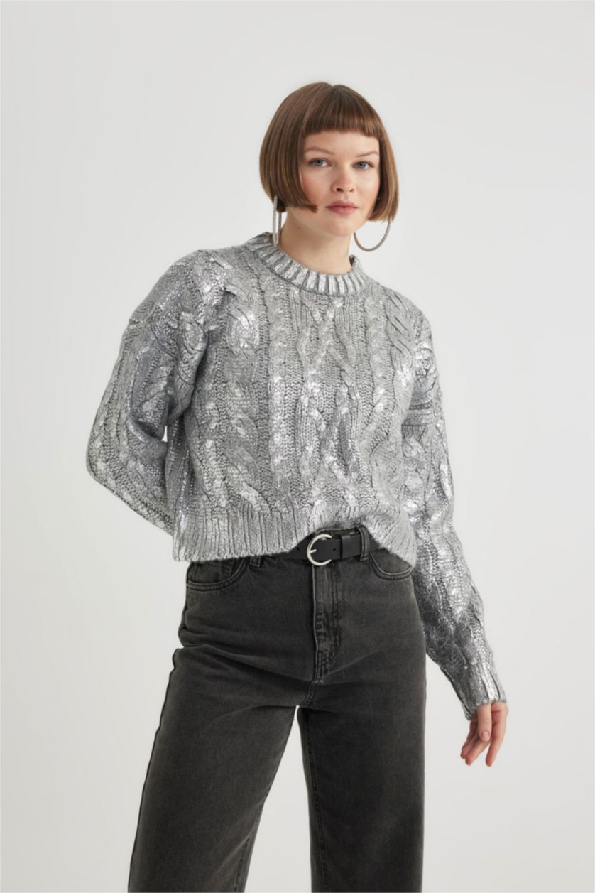 Kadın Gri Melanj Relax Fıt Kazak