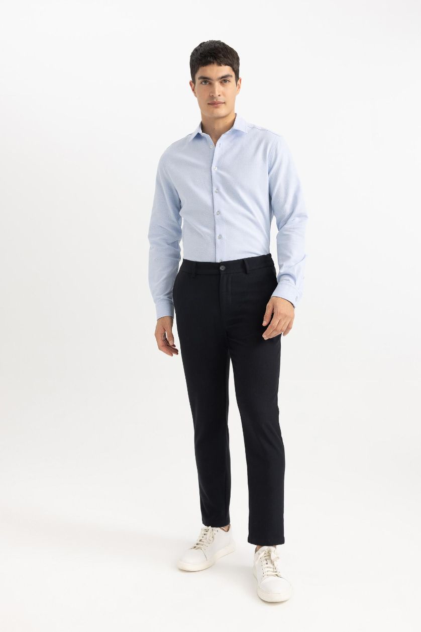 Erkek Mavi Slım Fıt Polo Yaka Petek Dokulu Uzun Kollu Gömlek