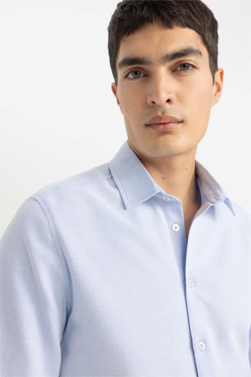 Erkek Mavi Slım Fıt Polo Yaka Petek Dokulu Uzun Kollu Gömlek
