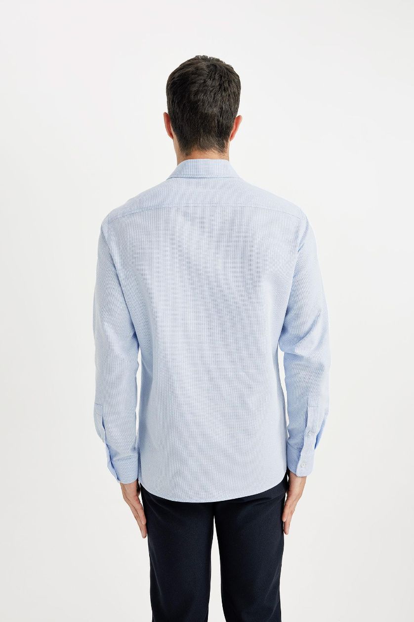 Erkek Mavi Slım Fıt Polo Yaka Petek Dokulu Uzun Kollu Gömlek