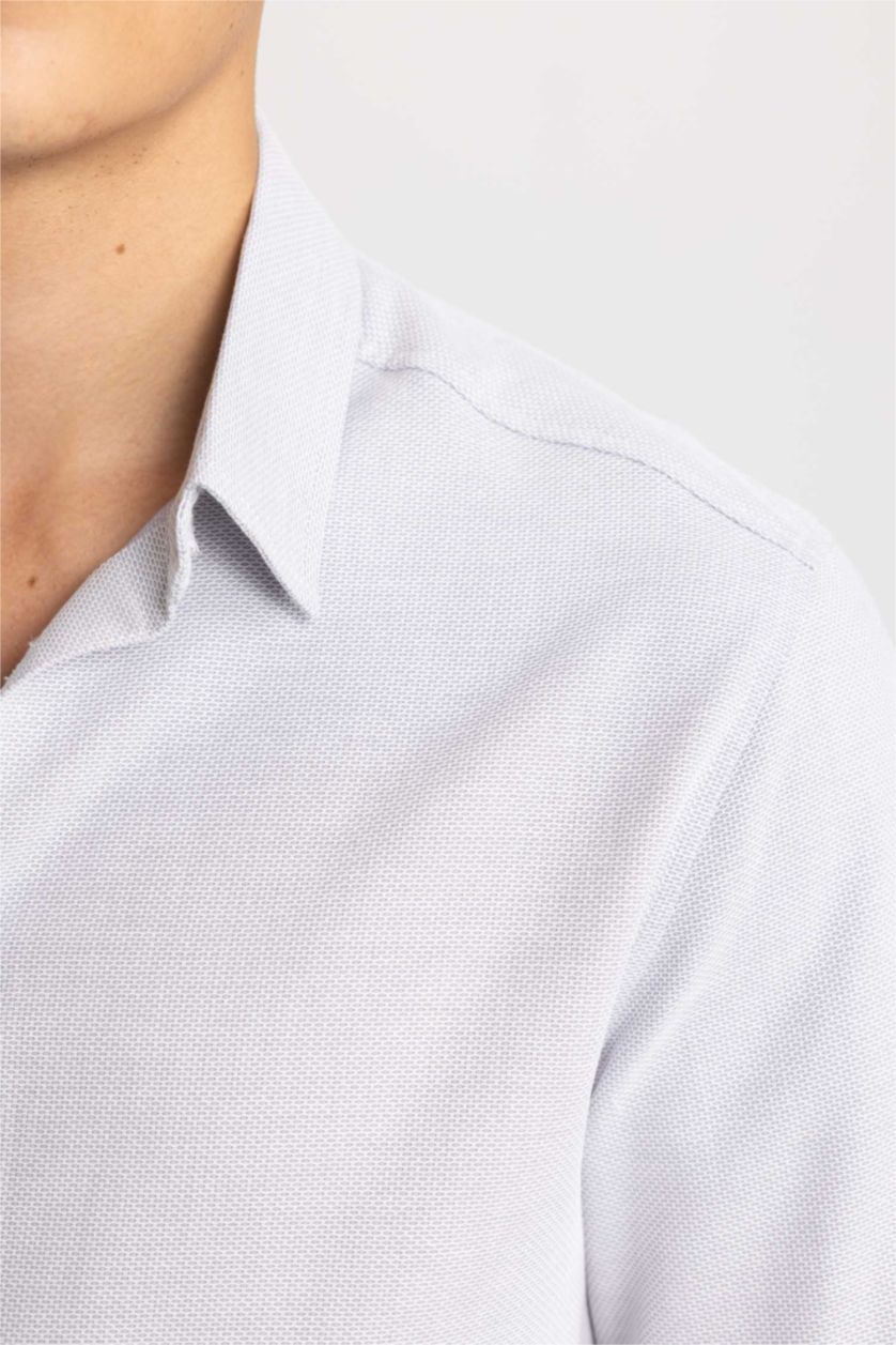 Erkek Gri Slım Fıt Polo Yaka Petek Dokulu Uzun Kollu Gömlek