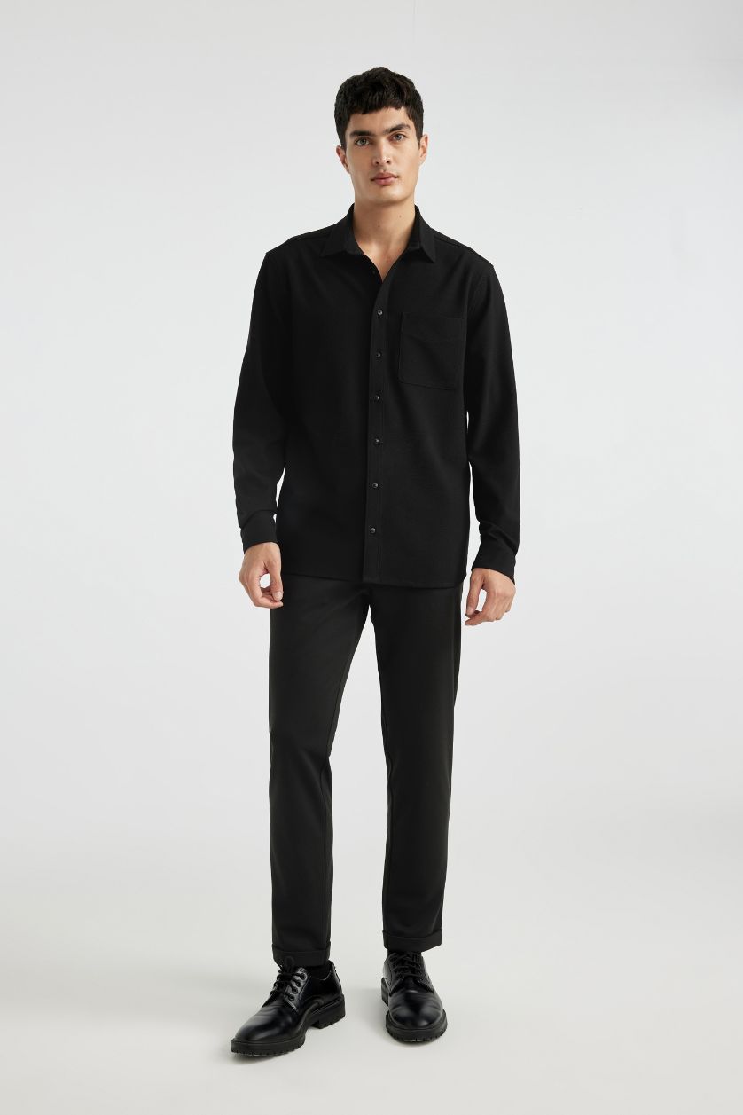 Erkek Siyah Regular Fit Polo Yaka Krinkıl Basic Düz Uzun Kollu Siyah Gömlek
