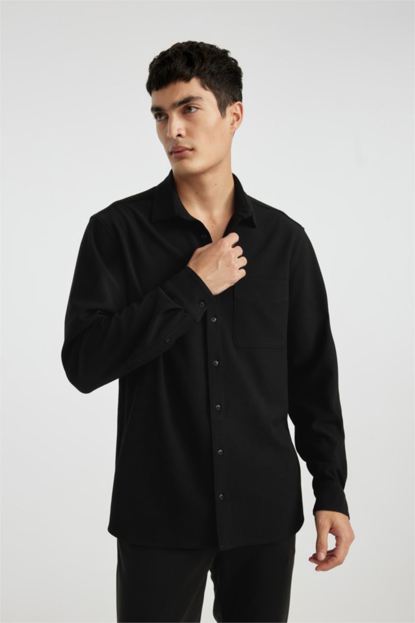 Erkek Siyah Regular Fit Polo Yaka Krinkıl Basic Düz Uzun Kollu Siyah Gömlek