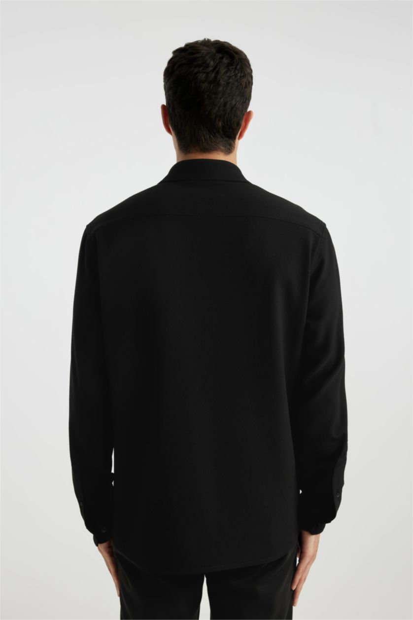 Erkek Siyah Regular Fit Polo Yaka Krinkıl Basic Düz Uzun Kollu Siyah Gömlek